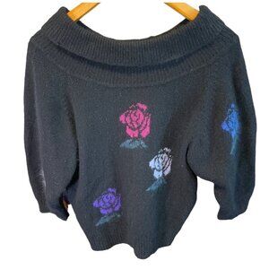 Vintage 90s Cassidy Black Off the Shoulder Floral 3/4 Sleeve Sweater Sz L